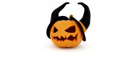 Cute Jack O lanterns Halloween pumpkin scary face wear black witch hat in cartoon character  for autumn october for graphic resource isolated on white 3D rendering  with copy space