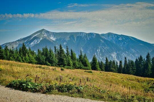 Wandern auf dem Raxplateau in Nieder&ouml;sterreich mit Blick zum Schneeberg - sommerliche Landschaft mit Berg, Fels, Gipfel, Wanderweg und blauem dramatisch bew&ouml;lktem Himmel