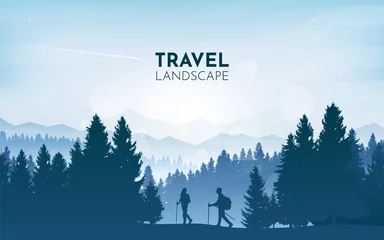 Poster Man and woman walking in mountains forest. Travel concept of discovering, exploring, observing nature. Hiking tourism. Adventure. Minimalist graphic flyer. Polygonal flat design. Vector illustration © Yurii