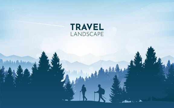 Man and woman walking in mountains forest. Travel concept of discovering, exploring, observing nature. Hiking tourism. Adventure. Minimalist graphic flyer. Polygonal flat design. Vector illustration