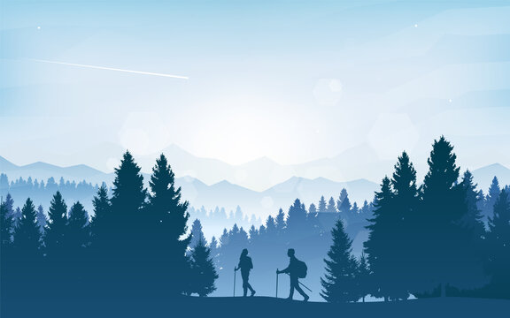Man and woman walking in mountains forest. Travel concept of discovering, exploring, observing nature. Hiking tourism. Adventure. Minimalist graphic flyer. Polygonal flat design illustration