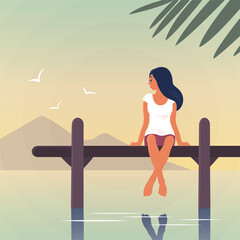 A young woman is resting by the sea. A girl are sitting on a pier above the water. Happy face with a smile. Tropical resort. Calm rest. Vector cartoon illustration