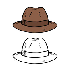 Drawing of a male hat on a white background. Fashion accessory. Retro style headdress. Vector isolated outline illustration in color and black and white
