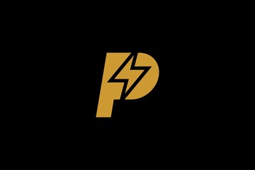 Electric power logo design vector. Yellow thunder abstract symbol. Monogram P letter and bolt vector icons.