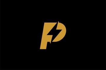 Electric power logo design vector. Yellow thunder abstract symbol. Monogram P letter and bolt vector icons.