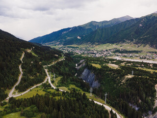 Svaneti Mestia Georgia mountains history towers beautiful old town and nature aerial drone photo