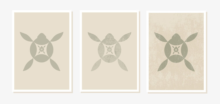 Animal wall art vector. Set of 3 abstract turtles with and withoud texture. Simple form. Abstract art drawing with abstract shape. Design for print, cover, wall decor, poster, wallpaper.