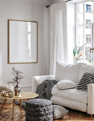 Frame mockup in Scandinavian living room interior, 3d render © artjafara