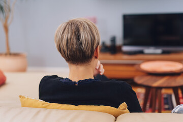 Rear view of a woman sitting watching television