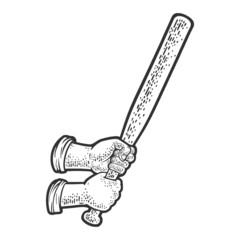 hands with baseball bat sketch engraving vector illustration. T-shirt apparel print design. Scratch board imitation. Black and white hand drawn image.