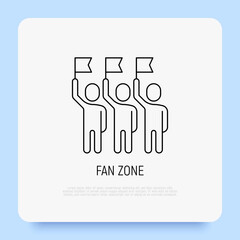 Fan zone thin line icon: group of people with raised flags. Modern vector illustration of sport audience.