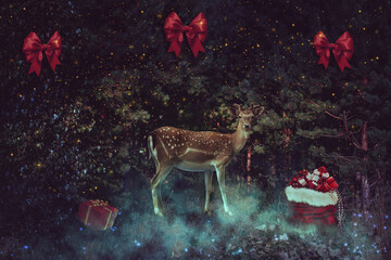 New Years , a deer stands against the background of a coniferous forest, trees are decorated with red festive bows, in the grass under the Christmas trees there is a gift box and a red bag with gifts.