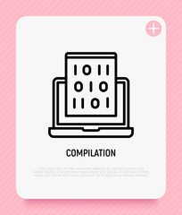 Program compilation thin line icon, open laptop with code. Modern vector illustration.