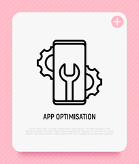 App optimization thin line icon, smartphone with wrench and cogwheels. Modern vector illustration of app development.