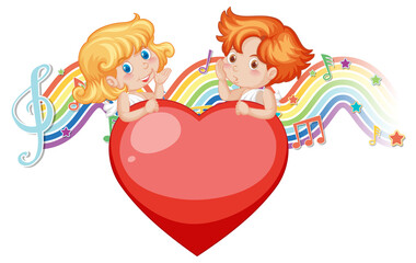 Couple of cupid angel character with melody symbols on rainbow