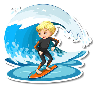 Sticker design with a girl on surfboard isolated