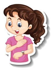 Sticker a girl cartoon character looking at wristwatch