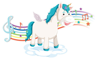 Obraz na płótnie Canvas Cute unicorn standing on the cloud with melody symbols on rainbow
