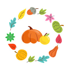 illistrtion autumn set: colored leaves, cup of tea or coffe, pumpkins, acorn. Autumn vibers