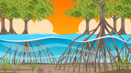 Nature scene with Mangrove forest at sunset time in cartoon style