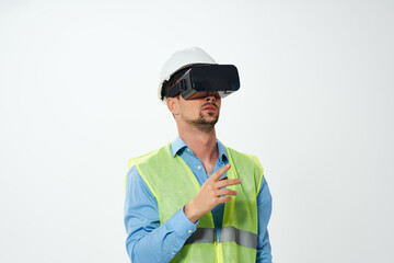 man in working uniform professional engineer drawing virtual reality glasses