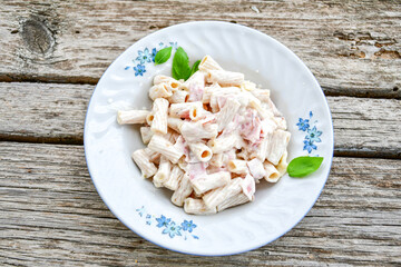   Gluten free Chickpea pasta.Fresh  low carb  high protein pasta rigatoni alla carbonara with  cream sauce  , becon  egg, parmesan cheese ,olive oil and black pepper) 