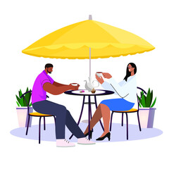 People sitting at a table in caf&eacute; or restaurant vector flat illustration. Couple talking, eating and drinking at cafeteria isolated. 