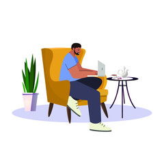 Young Man Surfing The Internet On A Laptop While Sitting On The Sofa Drinking Tea with Biscuits Doing Freelance Work. Flat Vector Illustration.