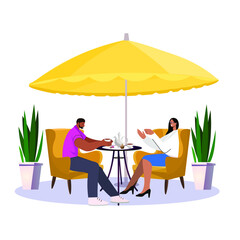 Young Couple Sitting On The Sofa Drinking Tea with Biscuits Talking about nothing. Flat Vector Illustration.
