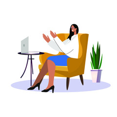 Young Woman Surfing The Internet On A Laptop While Sitting On The Sofa Doing Freelance Work. Flat Vector Illustration.