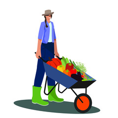 Gardener girl with a wheelbarrow of vegetables Flat vector Illustration.