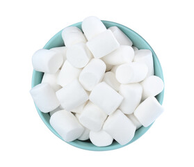 Delicious puffy marshmallows in bowl on white background, top view