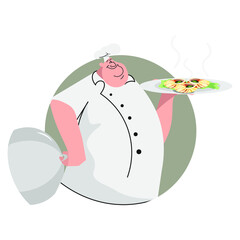Professional chef man logo Flat Design Vector Illustration. Funny cook with a delicious dish.