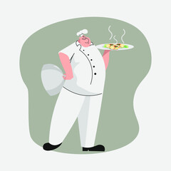 Professional chef man showing a delicious dish. Male chef in white uniform isolated. Funny Chef Flat Design Vector Illustration.