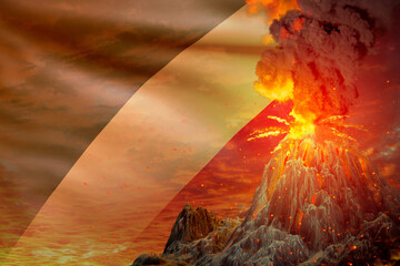 big volcano blast eruption at night with explosion on Congo flag background, troubles because of natural disaster and volcanic earthquake concept - 3D illustration of nature