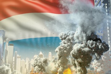 big smoke column with fire in abstract city - concept of industrial disaster or terrorist act on Luxembourg flag background, industrial 3D illustration
