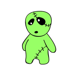 Vector cute green zombie in cartoon flat doodle style. Vector green icon, clipart isolated on white background. Theme of Happy Halloween, death, dead
