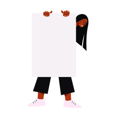 Black Woman Holding Up A Poster Smiling Making Announcement Flat Vector illustration. Sale banner with your text.