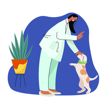 Profession veterinarian. Woman vet and dog on isolated background. Vector illustration in a flat style. Pets Doctor checking a dog.