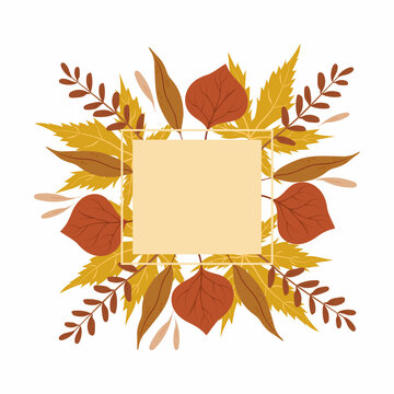 Autumn season card. Card with hand drawn leaves and beige frame.
