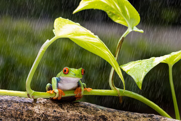 Red Eye tree frog is sitting below the green leaf to avoid rain drop