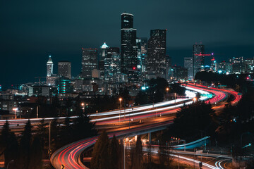 Fototapeta na wymiar Seattle cityscape at night via long exposure