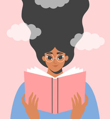 Woman reading a book. Girl enjoying literature, story. Studying, learning, self education, bookworm concept. International literacy day, book fair or festival. Isolated flat vector illustration