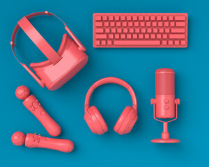 Top view gamer gears like VR glasses, keyboard, controllers and microphone © Vasyl Onyskiv