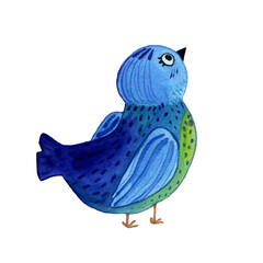 Watercolor hand-drawn illustration of blue robin bird isolated on white background. Sitting bird in cartoon style. Design for covers, backgrounds, decorations.