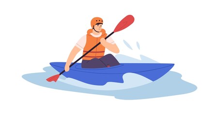 Naklejka premium Man in solo canoe rowing with paddle on water. Person in helmet and life vest riding boat with oar on river. Extreme leisure activity. Flat vector illustration isolated on white background