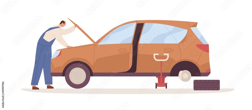 Poster car mechanic repairing auto with open hood raised up. maintenance and inspection of automobile engin