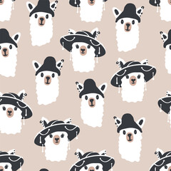 Funny cute seamless pattern with a portrait of a lami in a hat.Creative llama childish texture.For printing baby textile, fabrics, design, decor, gift wrap.Modern cartoon style. Isolated in background