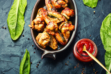 Grilled chicken wings on lettuce leaves
