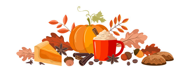 Autumn illustration with pumpkin and coffee. The lower horizontal border. 